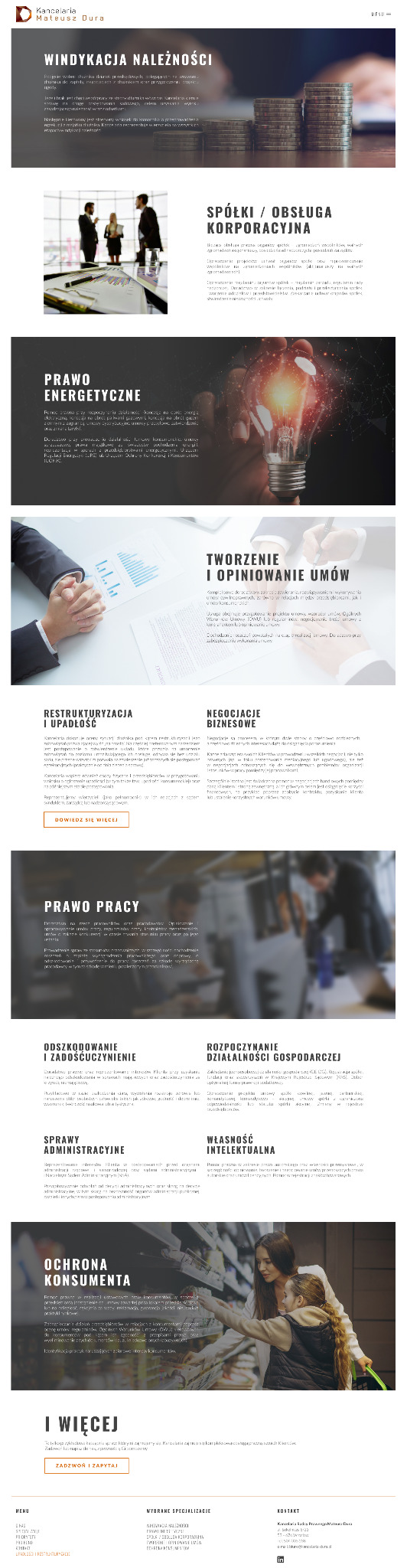 Strona internetowa kancelarii prawnej z sekcjami: windykacja należności, prawo energetyczne, restrukturyzacja i upadłość, prawo pracy, odszkodowanie, spółki, tworzenie umów, negocjacje...