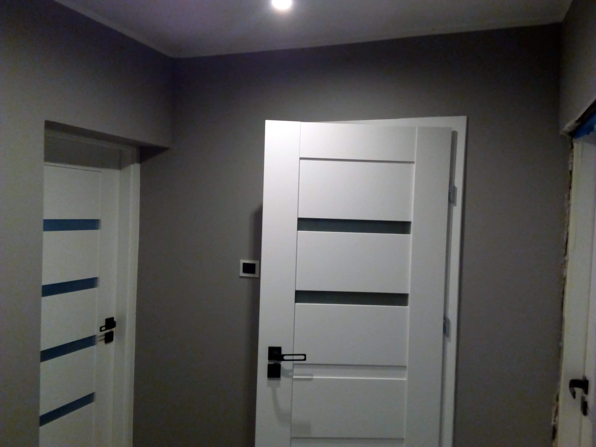 Dwa białe, nowoczesne drzwi wewnętrzne z czarnymi klamkami na tle szarej ściany, jedno z poziomymi, ciemnoniebieskimi paskami, drugie z poziomymi przeszkleniami.