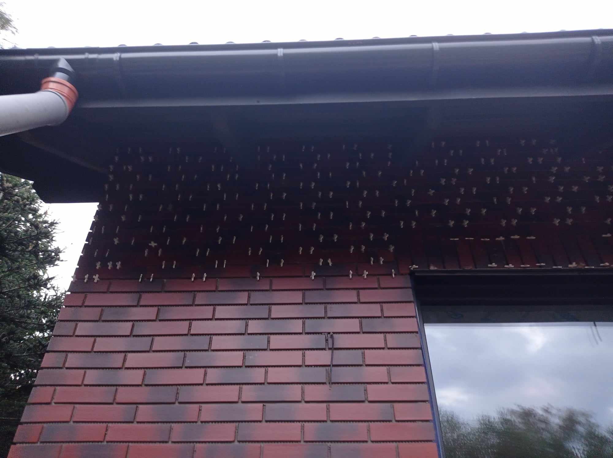 Elewacja budynku w trakcie montażu płytek klinkierowych, widoczne liczne uchwyty mocujące i fragment rynny spustowej.