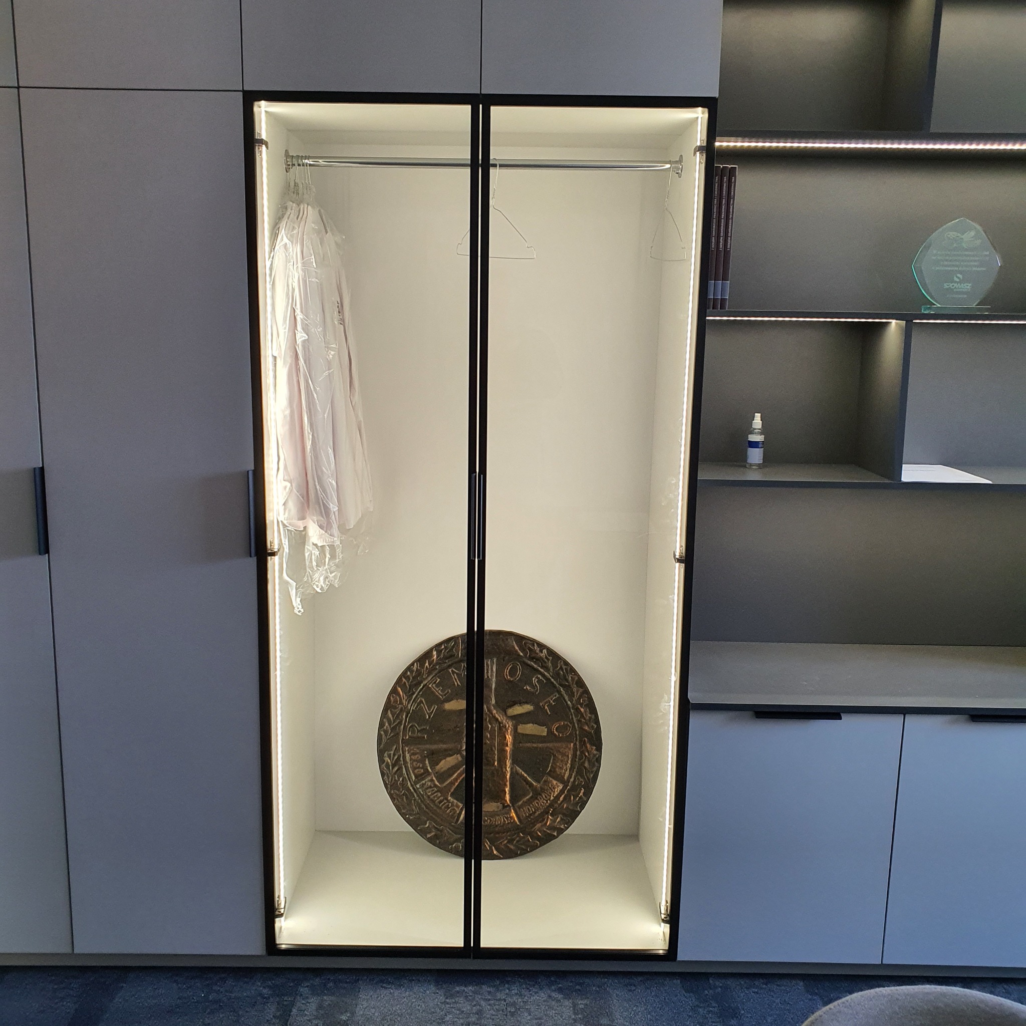 Szafa wnękowa z podświetleniem LED, zawierająca wewnątrz płaszcz w pokrowcu i ozdobny medalion na dolnej półce, część zabudowy meblowej z półkami i szafkami.