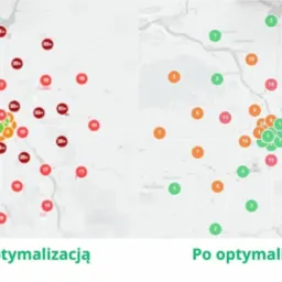 Porównanie mapy miasta przed i po optymalizacji, z zaznaczonymi punktami o różnej intensywności koloru, wskazującymi na zmiany w rozkładzie danych.