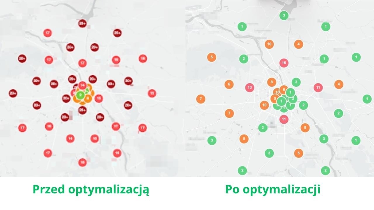 Porównanie mapy miasta przed i po optymalizacji, z zaznaczonymi punktami o różnej intensywności koloru, wskazującymi na zmiany w rozkładzie danych.