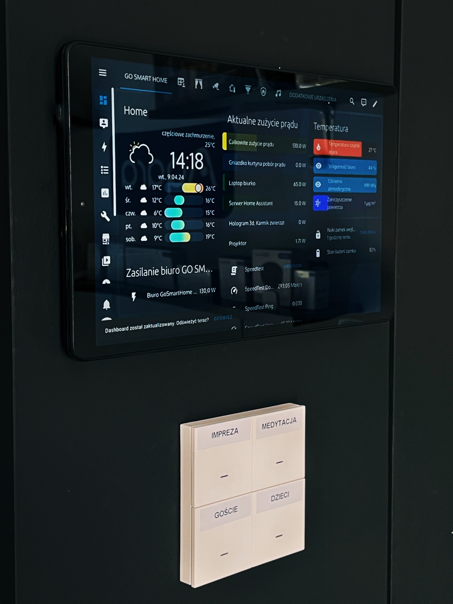 Tablet z interfejsem inteligentnego domu, prezentujący aktualne zużycie energii, temperaturę i stan urządzeń, zamontowany na ciemnej ścianie obok panelu sterowania z przyciskami oznaczonymi jako...