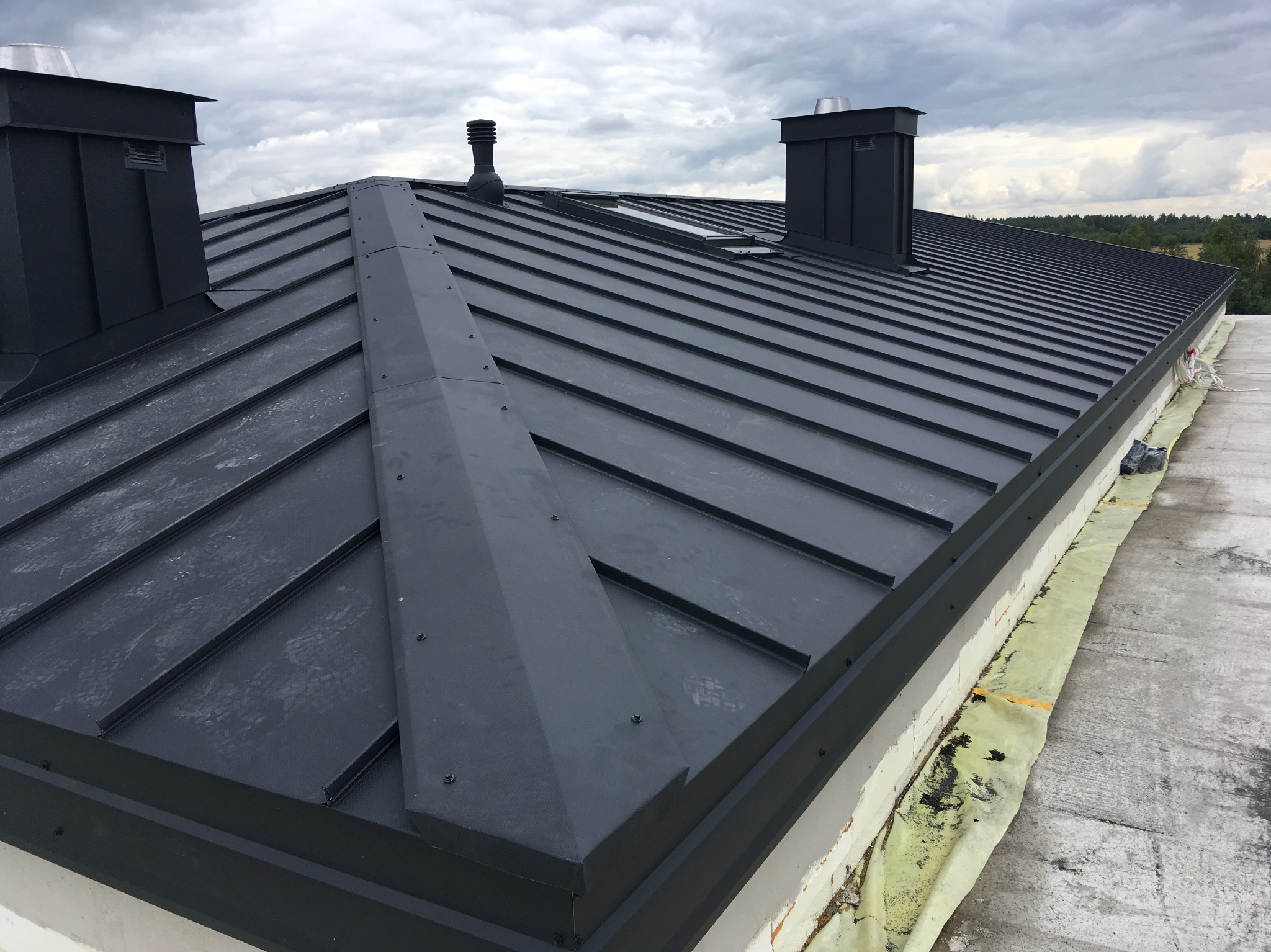 Nowoczesny, grafitowy dach z blachy na budynku jednorodzinnym, widoczne kominy i obróbki blacharskie, pochmurne niebo w tle.