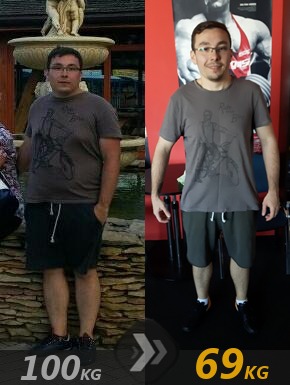 Metamorfoza mężczyzny: porównanie sylwetki przed (100kg) i po (69kg) odchudzaniu, widoczne zmiany w budowie ciała i postawie. Po lewej stronie mężczyzna stoi przed fontanną, po prawej na tle...