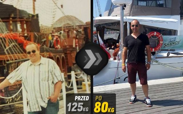 Mężczyzna przed i po utracie wagi: po lewej stronie na tle drewnianej konstrukcji przypominającej statek piracki, po prawej stronie na tle jachtu z napisem 'TGS Shandy', waga zmniejszona ze 125kg...