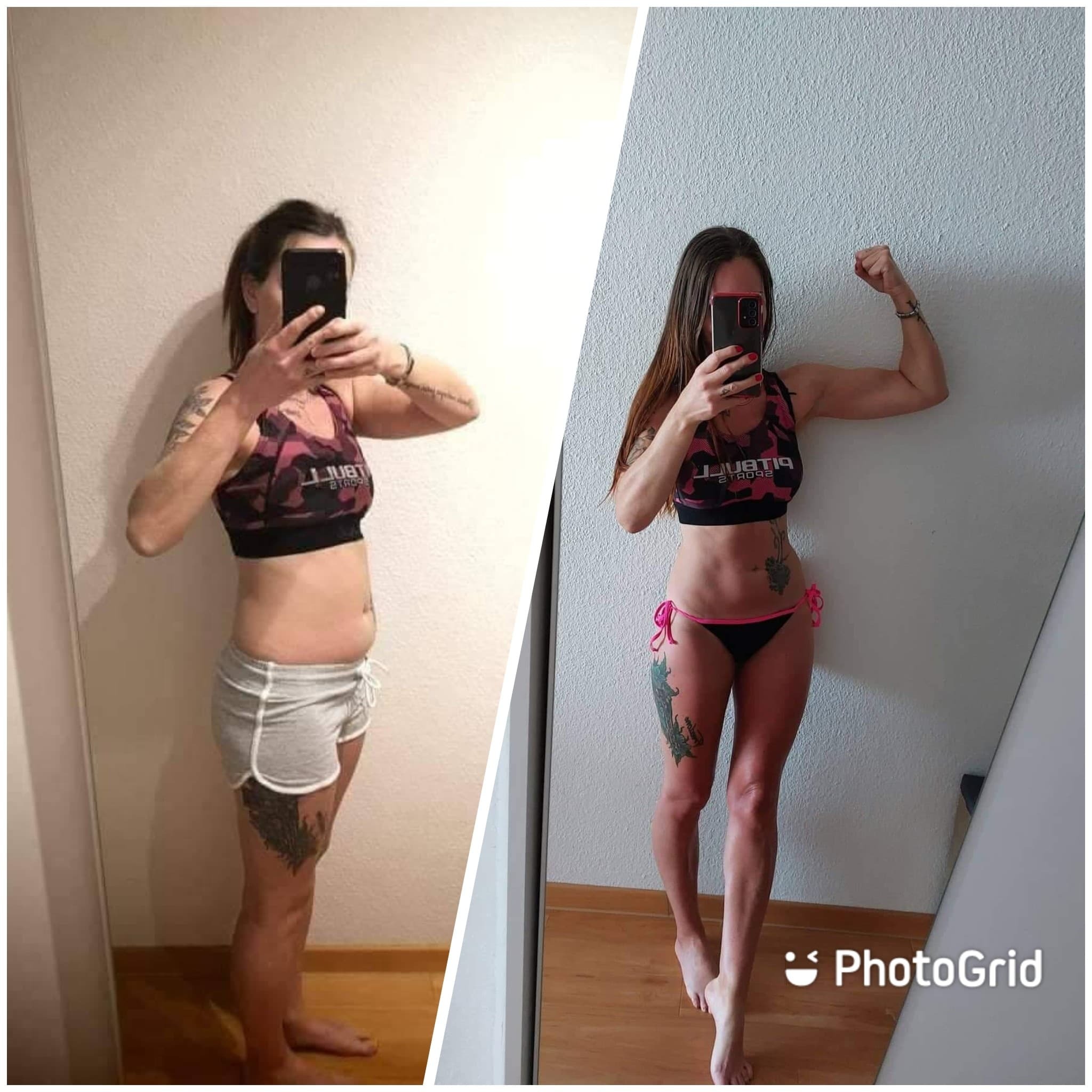 Metamorfoza sylwetki kobiety z Lublina: porównanie figury przed i po treningu, widoczna zmiana w umięśnieniu i redukcji tkanki tłuszczowej, ujęcie w bieliźnie sportowej.