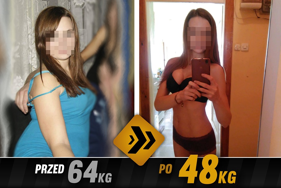 Kobieta prezentuje metamorfozę sylwetki: po lewej stronie w niebieskiej sukience, waga 64 kg; po prawej stronie w bieliźnie, waga 48 kg, robi selfie w lustrze.