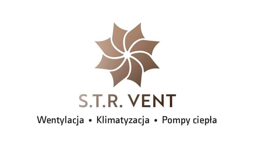 Logo firmy S.T.R. VENT z Napachania, specjalizującej się w wentylacji, klimatyzacji i pompach ciepła, przedstawione na białym tle.
