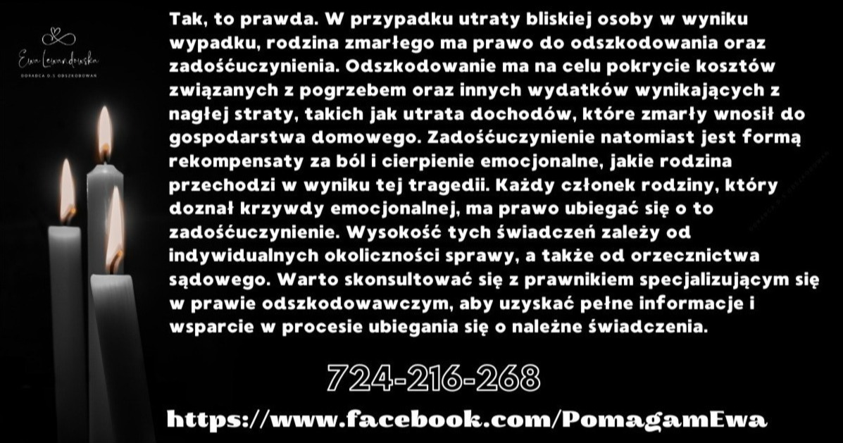 Grafika informacyjna z płonącymi świecami, tekstem o odszkodowaniu za śmierć bliskiej osoby, numerem telefonu i adresem Facebook.