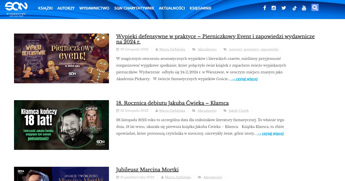 Zrzut ekranu do strony z artykułami pisanymi dla Wydawnictwa SQN