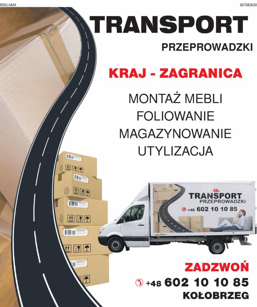 Plakat reklamowy firmy transportowej oferującej usługi krajowe i zagraniczne, montaż mebli, foliowanie, magazynowanie i utylizację, z ilustracją drogi, sterty kartonów i białego samochodu...