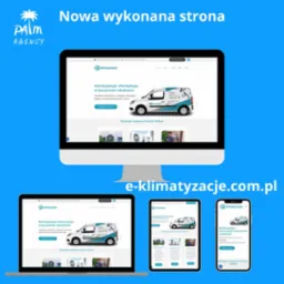 Prezentacja responsywnej strony internetowej e-klimatyzacje.com.pl na monitorze, laptopie, tablecie i smartfonie, z logo Palm Agency w lewym górnym rogu.