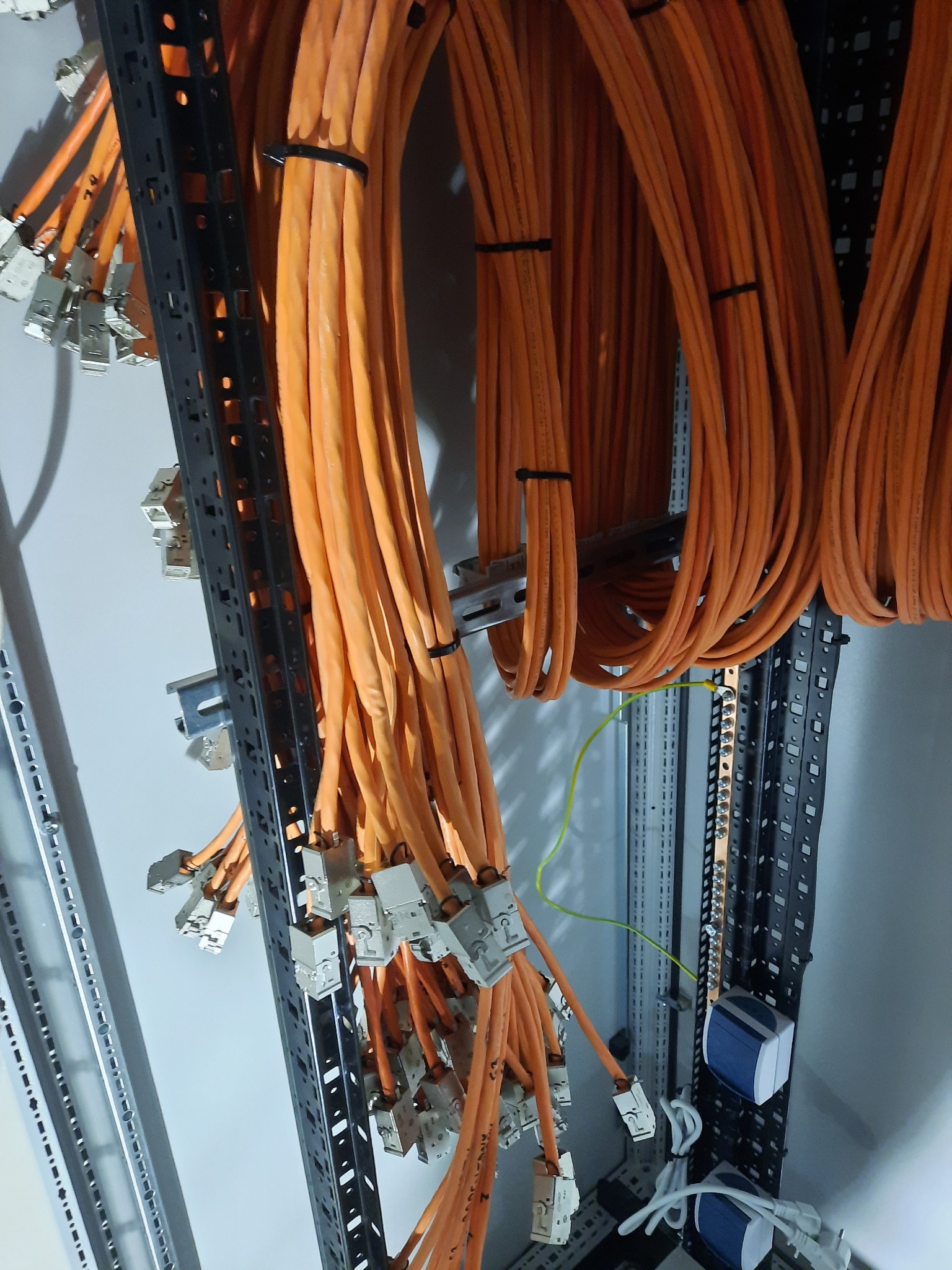 Pomarańczowe przewody elektryczne uporządkowane w szafie sterowniczej, z widocznymi złączkami i uziemieniem.