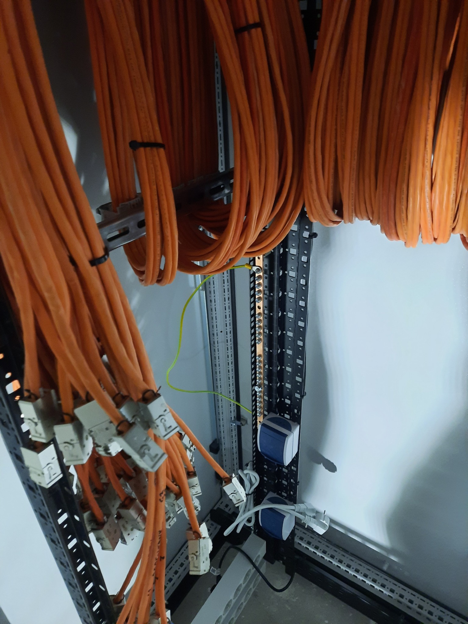 Pomarańczowe przewody elektryczne ułożone w szafie sterowniczej, widoczne złącza i listwy zaciskowe, z przewodem uziemiającym w kolorze żółto-zielonym.