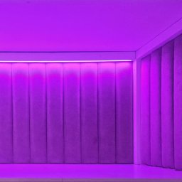 EXPO Kawałkowski Krzysztof - Nowoczesna ściana z paneli tapicerowanych w odcieniach fioletu, oświetlona listwą LED. Minimalistyczny design z pionowymi przeszyciami.