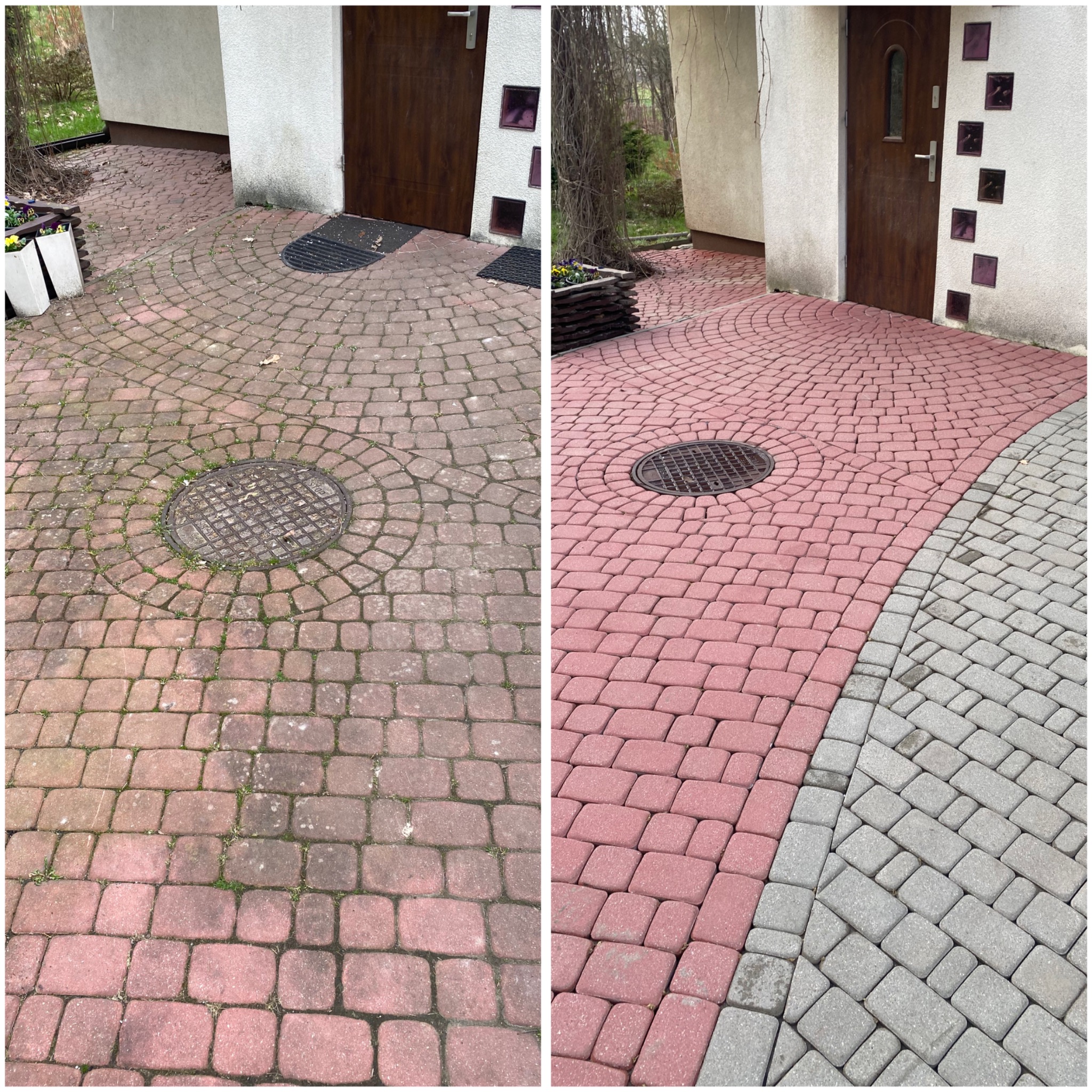Porównanie stanu kostki brukowej przed i po czyszczeniu, widoczne różnice w kolorze i usunięcie zabrudzeń wokół studzienki kanalizacyjnej.