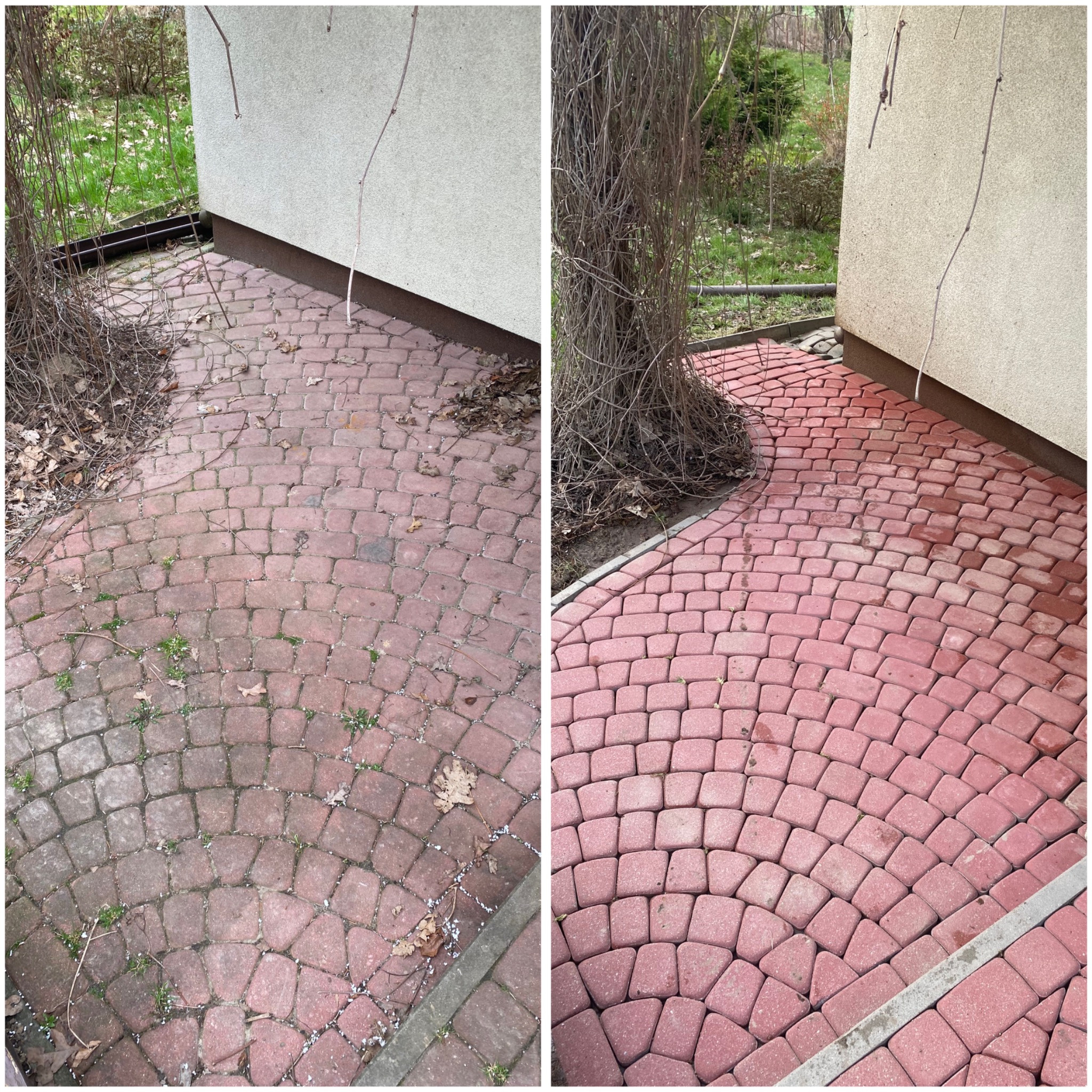 Porównanie stanu kostki brukowej przed i po czyszczeniu: widoczne różnice w kolorze i usunięte zabrudzenia, w tle fragment elewacji i roślinność.