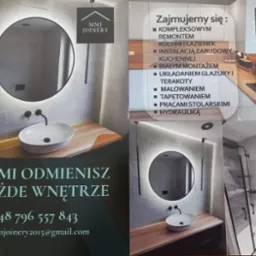 Kolaż reklamowy firmy MMJ Joinery prezentujący aranżacje łazienek i kuchni: okrągłe lustro z podświetleniem LED nad umywalką nablatową, kabina prysznicowa z czarnymi profilami, blat drewniany...