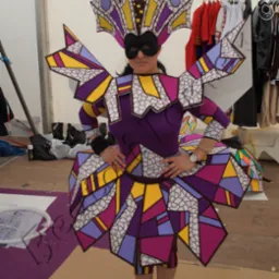 Kobieta w geometrycznym kostiumie karnawałowym z maską, stojąca w pracowni z rekwizytami i ubraniami w tle.