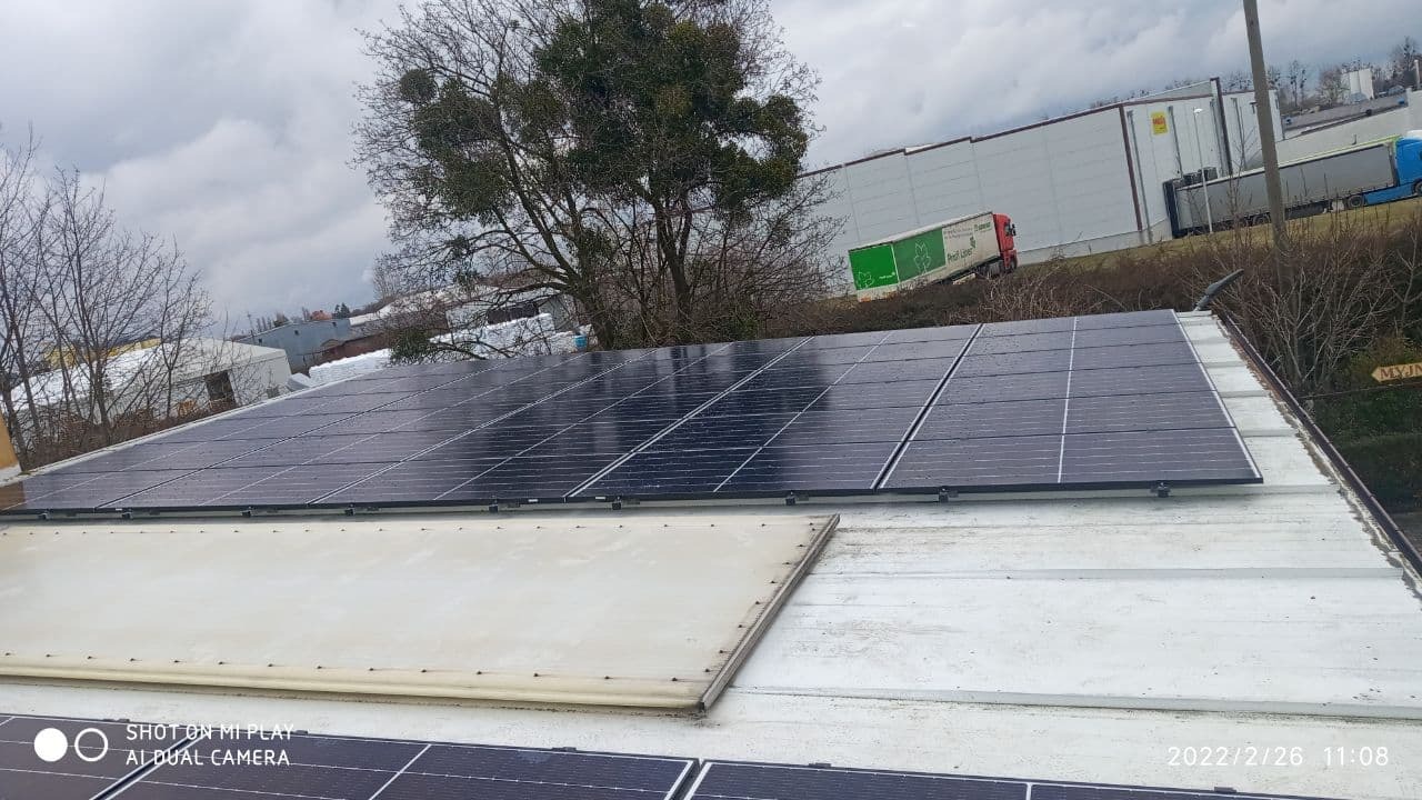 Panel fotowoltaiczny na dachu budynku przemysłowego, widoczny fragment dachu pokryty brudnym materiałem, w tle drzewo z jemiołą i zaparkowane ciężarówki.