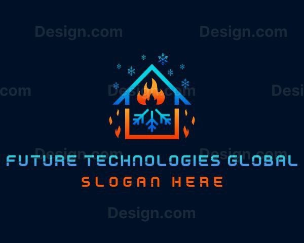 Graficzne logo firmy Future Technologies Global przedstawiające dom z płomieniem u góry i płatkiem śniegu w środku, otoczony kroplami, na ciemnym tle.