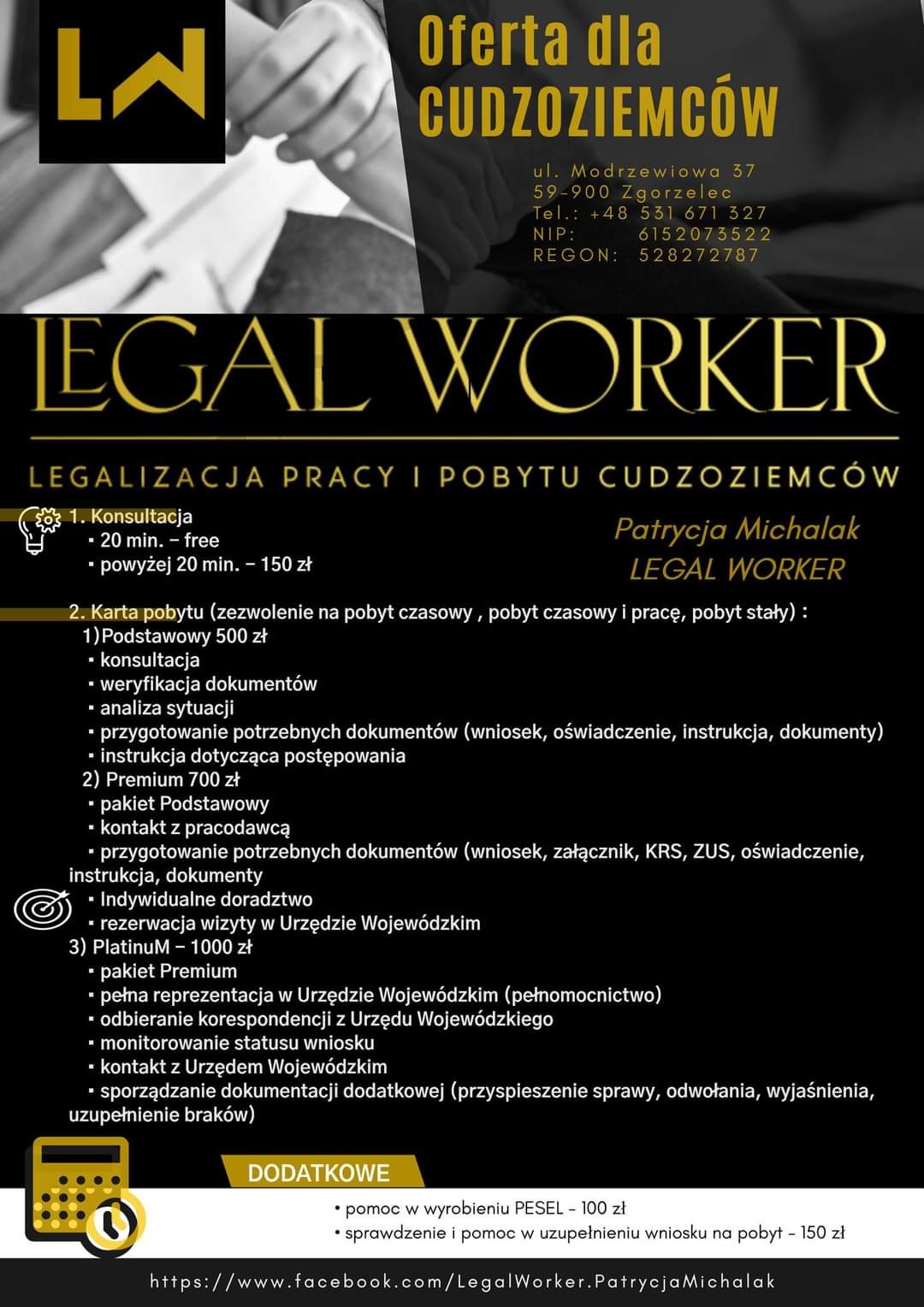 Oferta legalizacji pracy i pobytu cudzoziemców, konsultacje, karta pobytu, pomoc w wyrobieniu PESEL, ulotka informacyjna.