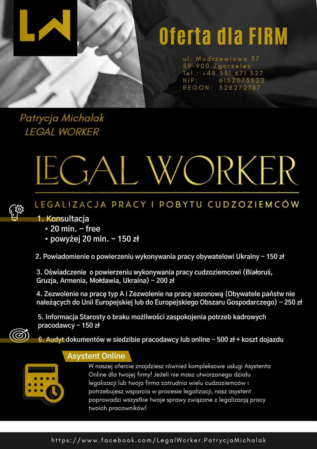 Oferta usług prawnych dla firm w Zawidowie, specjalizacja w legalizacji pracy i pobytu cudzoziemców, obejmująca konsultacje, powiadomienia, oświadczenia, zezwolenia i audyt dokumentów.