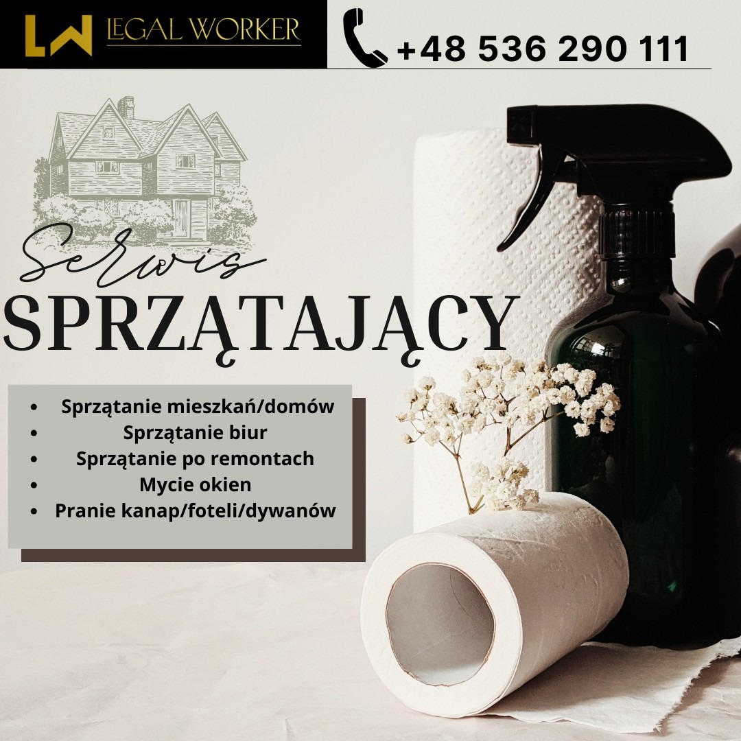 Grafika reklamowa firmy Legal Worker oferującej usługi sprzątające, z tekstem 'Serwis Sprzątający' i listą usług: sprzątanie mieszkań/domów, biur, po remontach, mycie okien, pranie...