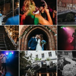 Agata Schreyner - Mozaika zdjęć z uroczystości ślubnej: para wznosi toast na schodach, tańczący goście w kolorowych światłach, pocałunek pod ceglanym łukiem, objęcia panny młodej.