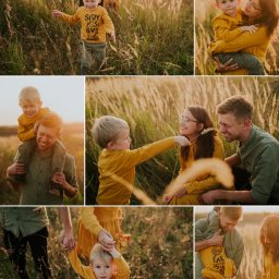 Agata Schreyner - Kolaż zdjęć rodziny w polu: blond chłopiec biegnie w koszulce z napisem, mama trzyma syna na rękach, tata z synem na barana, rodzice z synem siedzą w trawie, tata trzyma syna do góry nogami.