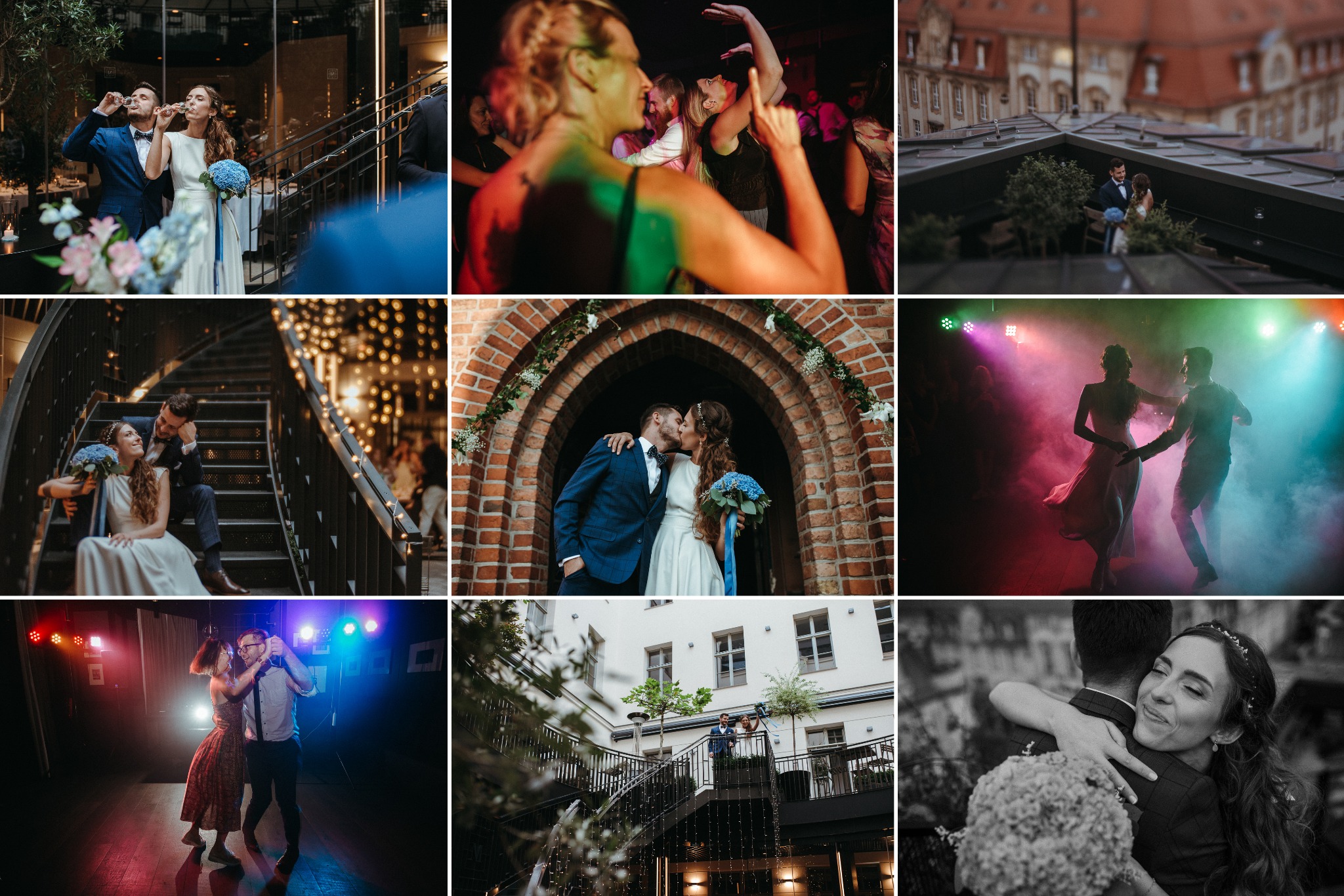 Mozaika zdjęć z uroczystości ślubnej: para wznosi toast na schodach, tańczący goście w kolorowych światłach, pocałunek pod ceglanym łukiem, objęcia panny młodej.