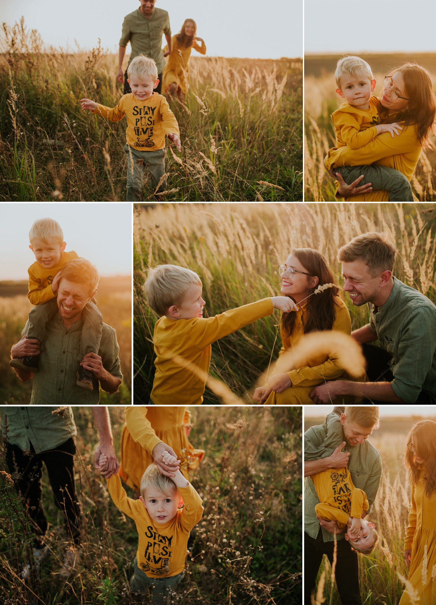 Kolaż zdjęć rodziny w polu: blond chłopiec biegnie w koszulce z napisem, mama trzyma syna na rękach, tata z synem na barana, rodzice z synem siedzą w trawie, tata trzyma syna do góry nogami.