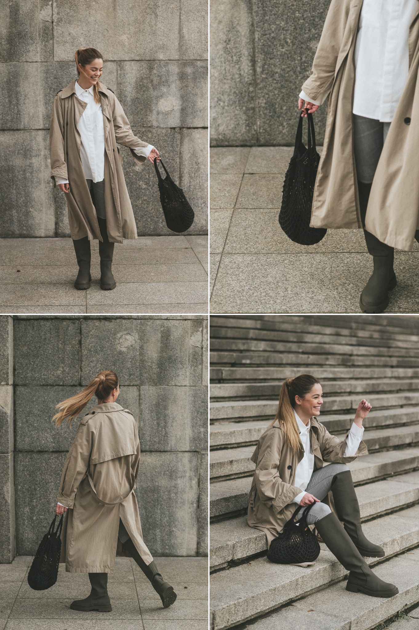 Kolaż czterech ujęć kobiety w beżowym trenczu i wysokich butach, pozującej na tle szarej, kamiennej ściany i schodów.