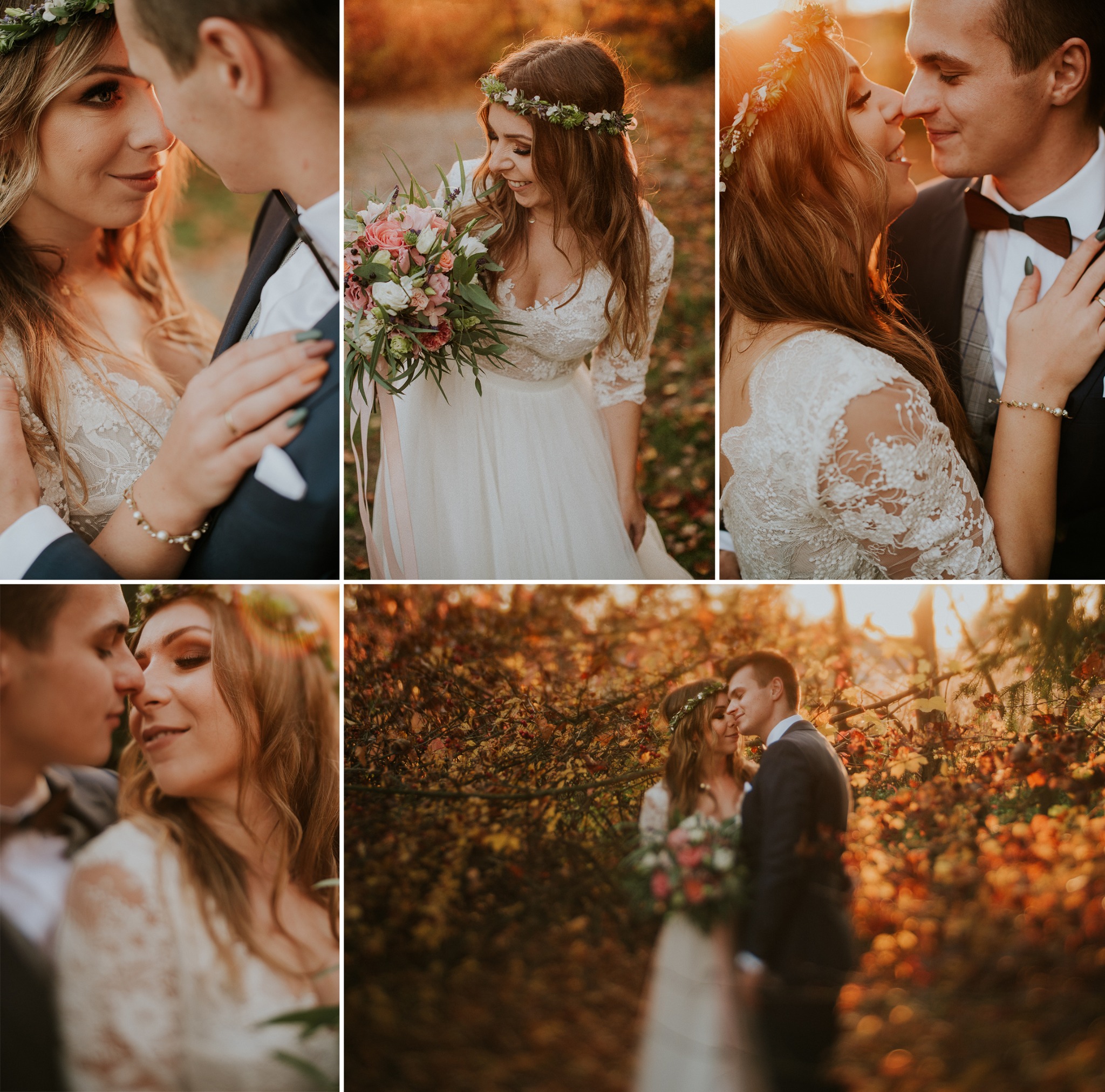 Kolaż z ujęciami pary młodej w jesiennej scenerii: panna młoda w koronkowej sukni i wianku, pan młody w granatowym garniturze z drewnianą muchą, ciepłe światło zachodzącego słońca.