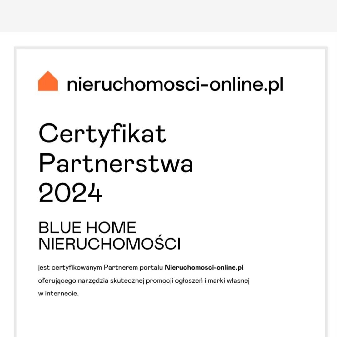 Certyfikat Partnerstwa 2024 dla Blue Home Nieruchomości od nieruchomosci-online.pl, potwierdzający współpracę w promocji ogłoszeń nieruchomości w internecie.