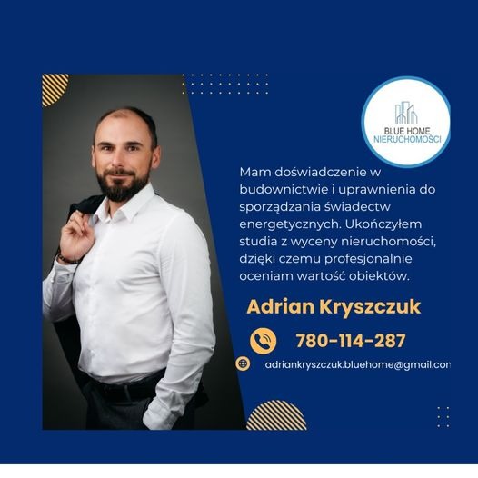 Portret mężczyzny w białej koszuli i marynarce zarzuconej na ramię, obok tekst informujący o doświadczeniu w budownictwie, uprawnieniach do sporządzania świadectw energetycznych i wycenie...