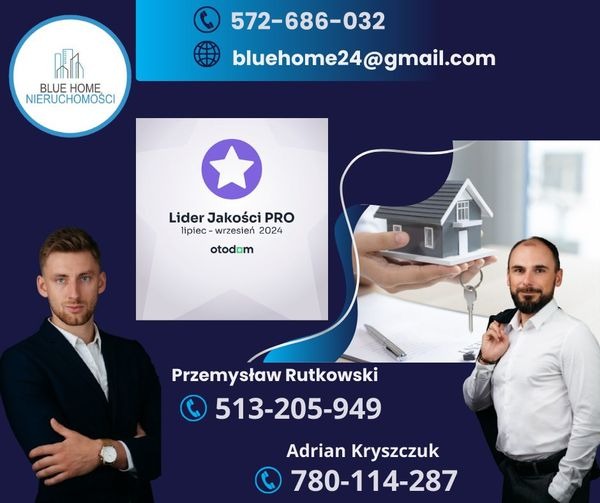 Grafika reklamowa agencji nieruchomości Blue Home z Chełma, prezentująca certyfikat Lidera Jakości PRO, model domu trzymany w dłoniach oraz dane kontaktowe Przemysława Rutkowskiego i Adriana...