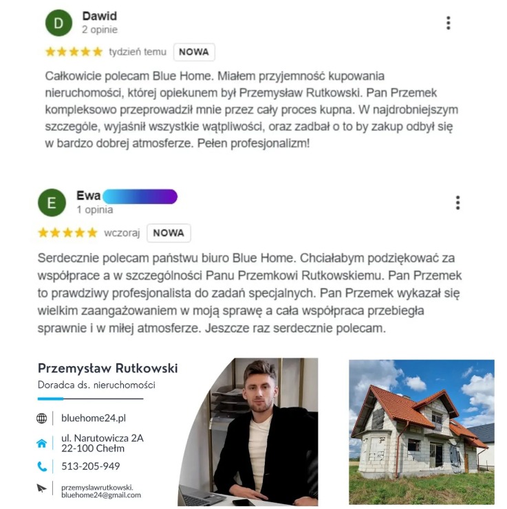 Referencje klientów Blue Home oraz wizytówka doradcy ds. nieruchomości Przemysława Rutkowskiego i wizualizacja domu z czerwoną dachówką w trakcie budowy.