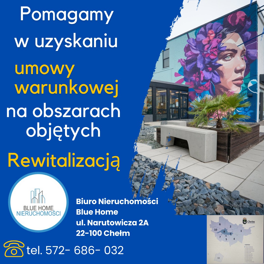 Grafika reklamowa biura nieruchomości Blue Home z Chełma, oferującego pomoc w uzyskaniu umowy warunkowej na obszarach rewitalizacji. W tle widoczny budynek z muralem przedstawiającym portret...