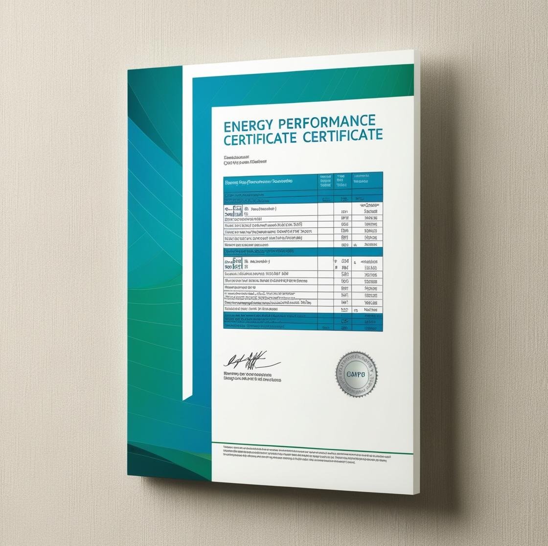 Wygenerowany komputerowo obraz świadectwa charakterystyki energetycznej z tabelami i podpisami, umieszczony na białym tle z beżową ścianą w tle.