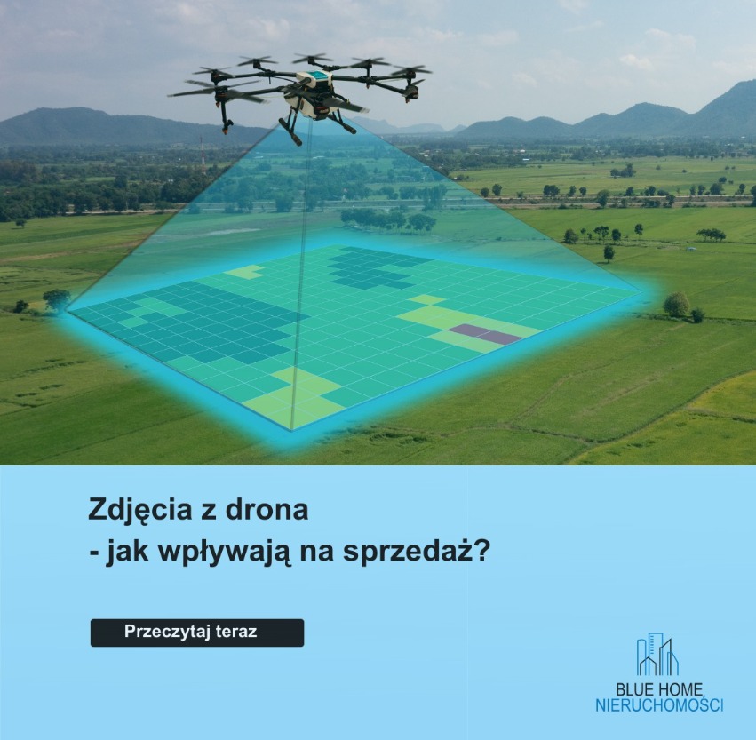 Dron w locie nad terenem zielonym, z nałożoną siatką mapowania terenu z kolorowymi polami, góry w tle.