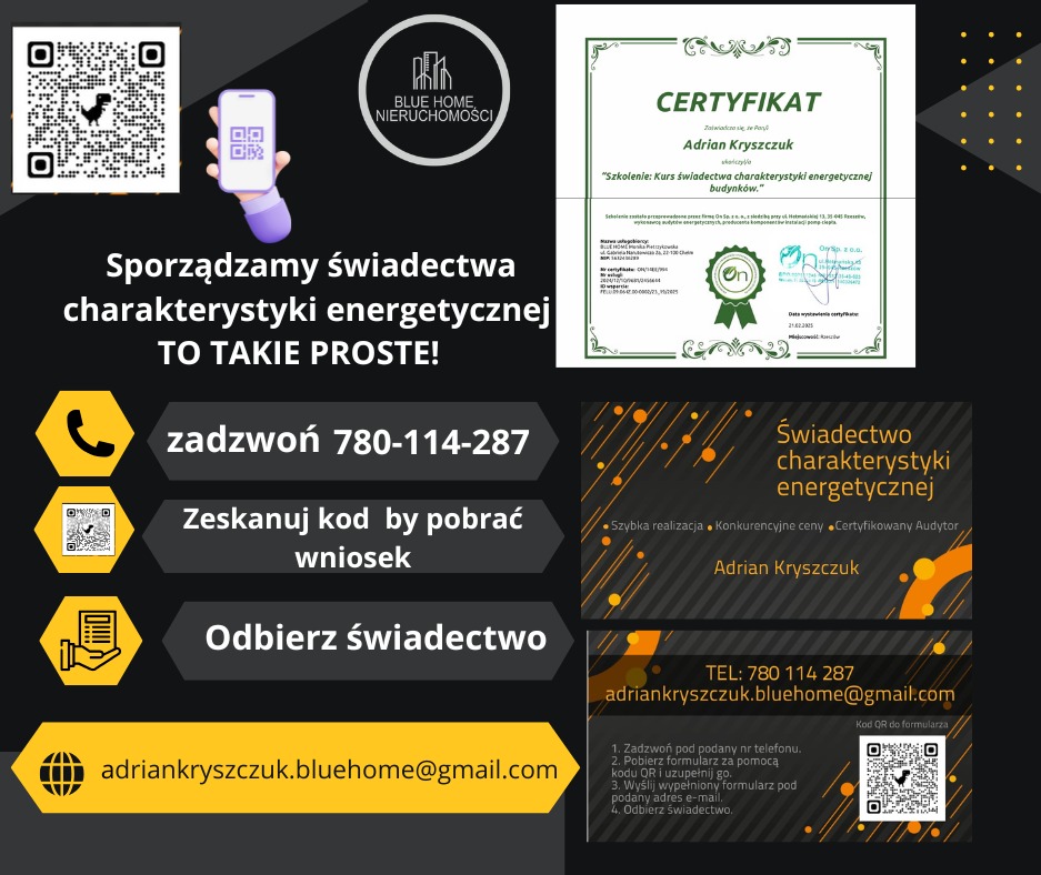 Grafika reklamowa firmy Blue Home Nieruchomości informująca o sporządzaniu świadectw charakterystyki energetycznej, zawierająca certyfikat ukończenia kursu przez Adriana Kryszczuka, numer telefonu,...