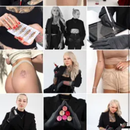 Kolekcja zdjęć prezentująca różne etapy i aspekty wykonywania tatuaży, od przygotowania narzędzi i pigmentów, przez proces tatuowania, po gotowe wzory na skórze, z uwzględnieniem różnorodnych...