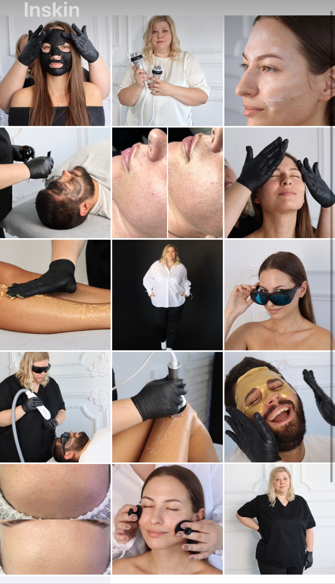 Kolaż zdjęć prezentujących różne zabiegi kosmetyczne: maski na twarz, laserowe usuwanie owłosienia, zabiegi urządzeniami kosmetycznymi, zbliżenia skóry przed i po zabiegach.