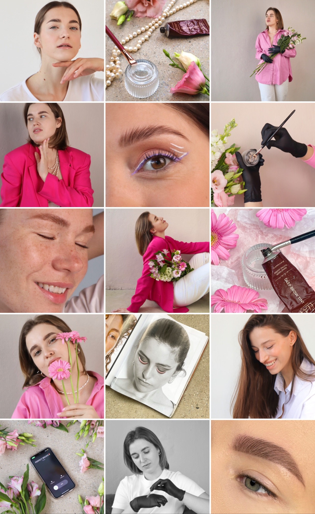 Kolaż zdjęć przedstawiających proces stylizacji brwi, w tym zbliżenia na brwi po zabiegu, narzędzia i kosmetyki do koloryzacji, portrety modelek z kwiatami i w makijażu, oraz szkic brwi w magazynie.