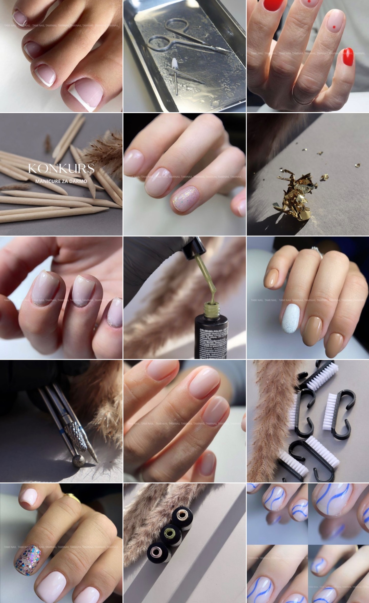 Zestawienie zbliżeń na różne etapy manicure: od przygotowania płytki paznokcia, poprzez nakładanie lakieru, po zdobienia i pielęgnację, z użyciem różnych narzędzi i akcesoriów.