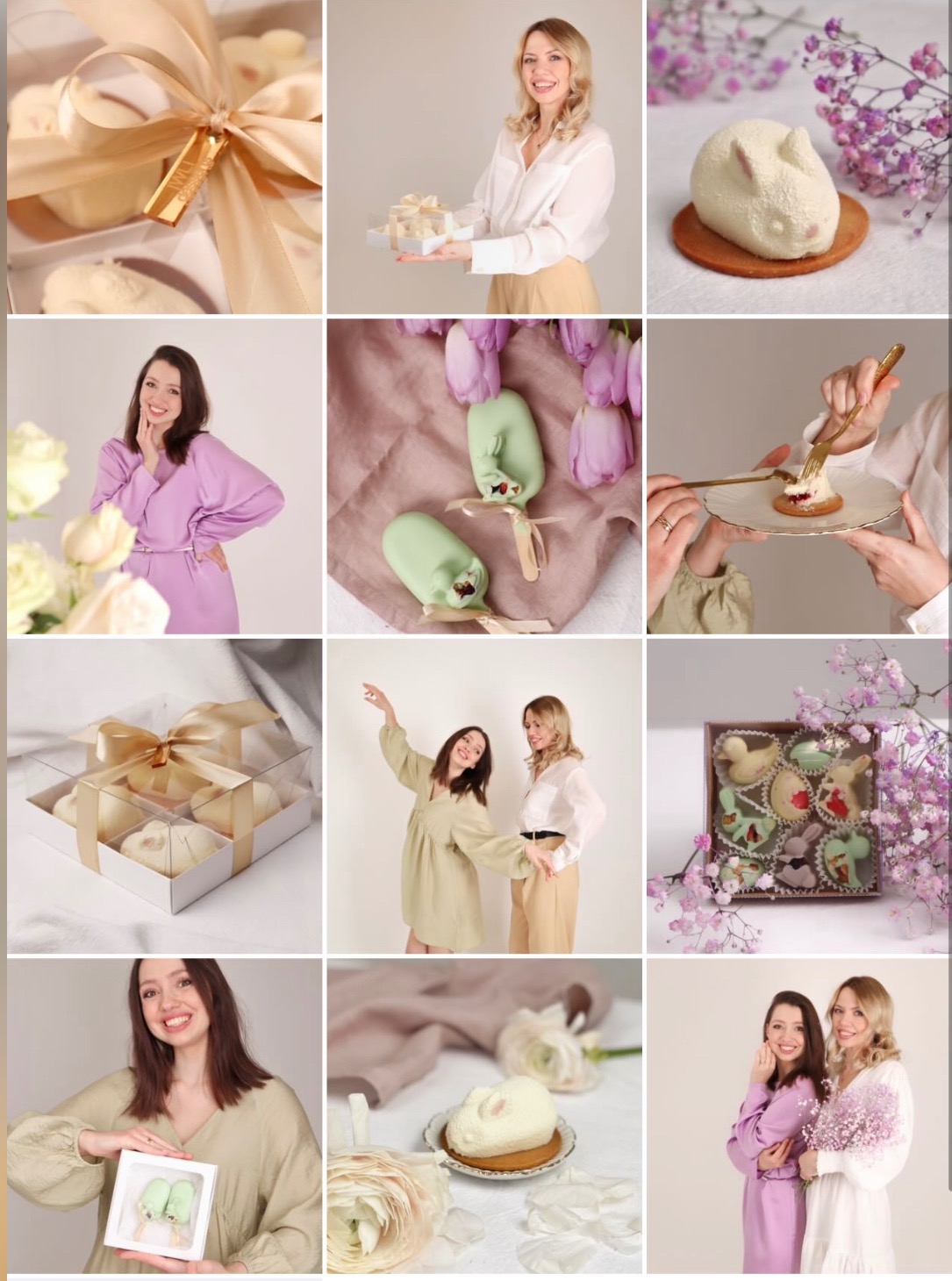 Kolaż zdjęć przedstawiających słodkie wypieki, ciasta i desery w pastelowych kolorach, niektóre w ozdobnych pudełkach prezentowych, w towarzystwie kwiatów i uśmiechniętych kobiet.