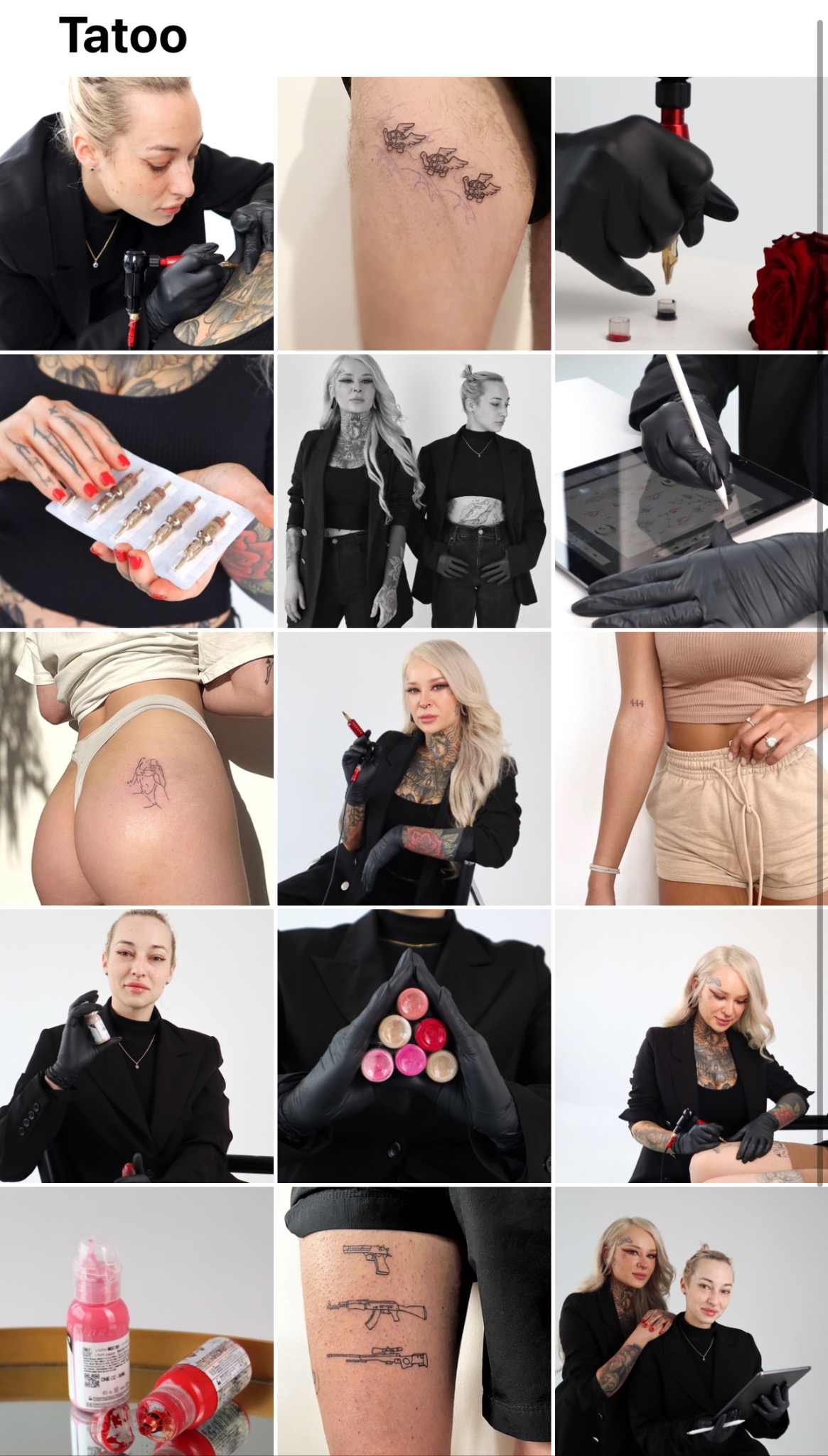 Kolekcja zdjęć prezentująca różne etapy i aspekty wykonywania tatuaży, od przygotowania narzędzi i pigmentów, przez proces tatuowania, po gotowe wzory na skórze, z uwzględnieniem różnorodnych...