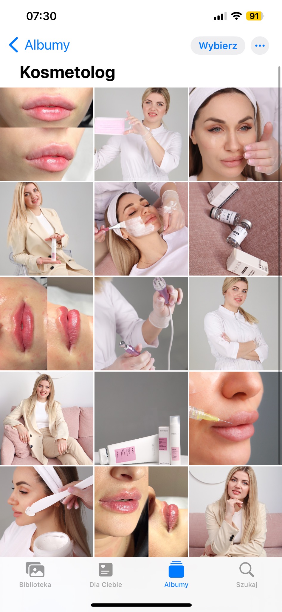 Zrzut ekranu z albumu 'Kosmetolog' na telefonie, prezentujący kolaż zdjęć z zakresu zabiegów kosmetycznych, w tym zbliżenia na usta przed i po zabiegach, zdjęcia kosmetyków oraz wizerunek...